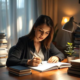 A young woman sitting at a desk, deeply focused, writing with a pen on paper