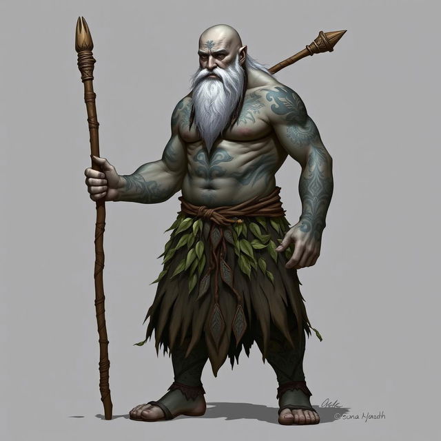 A strong male Goliath from a Dungeons & Dragons universe, featuring greyish skin adorned with elaborate tribal tattoos