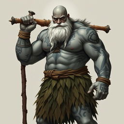 A strong male Goliath from a Dungeons & Dragons universe, featuring greyish skin adorned with elaborate tribal tattoos