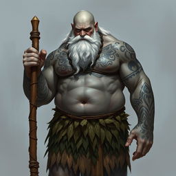 A strong male Goliath from a Dungeons & Dragons universe, featuring greyish skin adorned with elaborate tribal tattoos