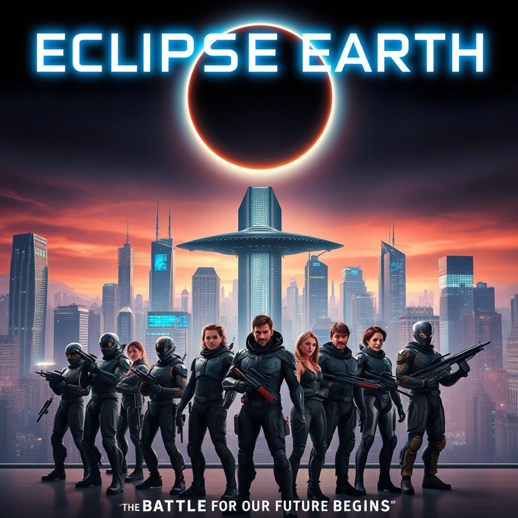 A captivating movie poster for a futuristic sci-fi film titled 'Eclipse Earth'