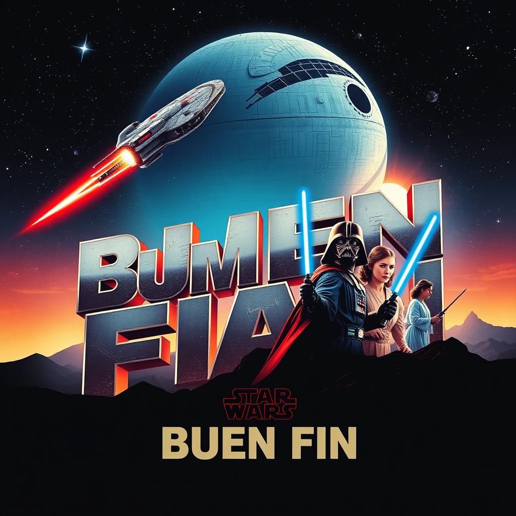 A captivating poster inspired by Star Wars, featuring the words "Buen Fin" rendered in the iconic Star Wars font style