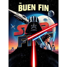 A captivating poster inspired by Star Wars, featuring the words "Buen Fin" rendered in the iconic Star Wars font style