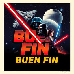 A captivating poster inspired by Star Wars, featuring the words "Buen Fin" rendered in the iconic Star Wars font style