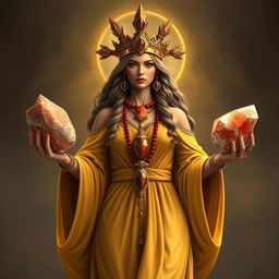 A powerful depiction of the Goddess of Emperors, dressed in a luxurious gold flowing dress, symbolizing authority and regal presence