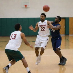 A bobcat and a person named Eddie competently playing basketball against each other