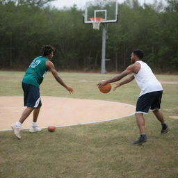 A bobcat and a person named Eddie competently playing basketball against each other