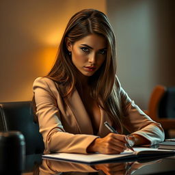 A beautiful and sexy girl sitting at a desk, writing with intense focus and seriousness