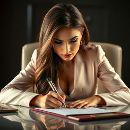 A beautiful and sexy girl sitting at a desk, writing with intense focus and seriousness