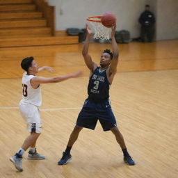 A bobcat and a person named Eddie competently playing basketball against each other