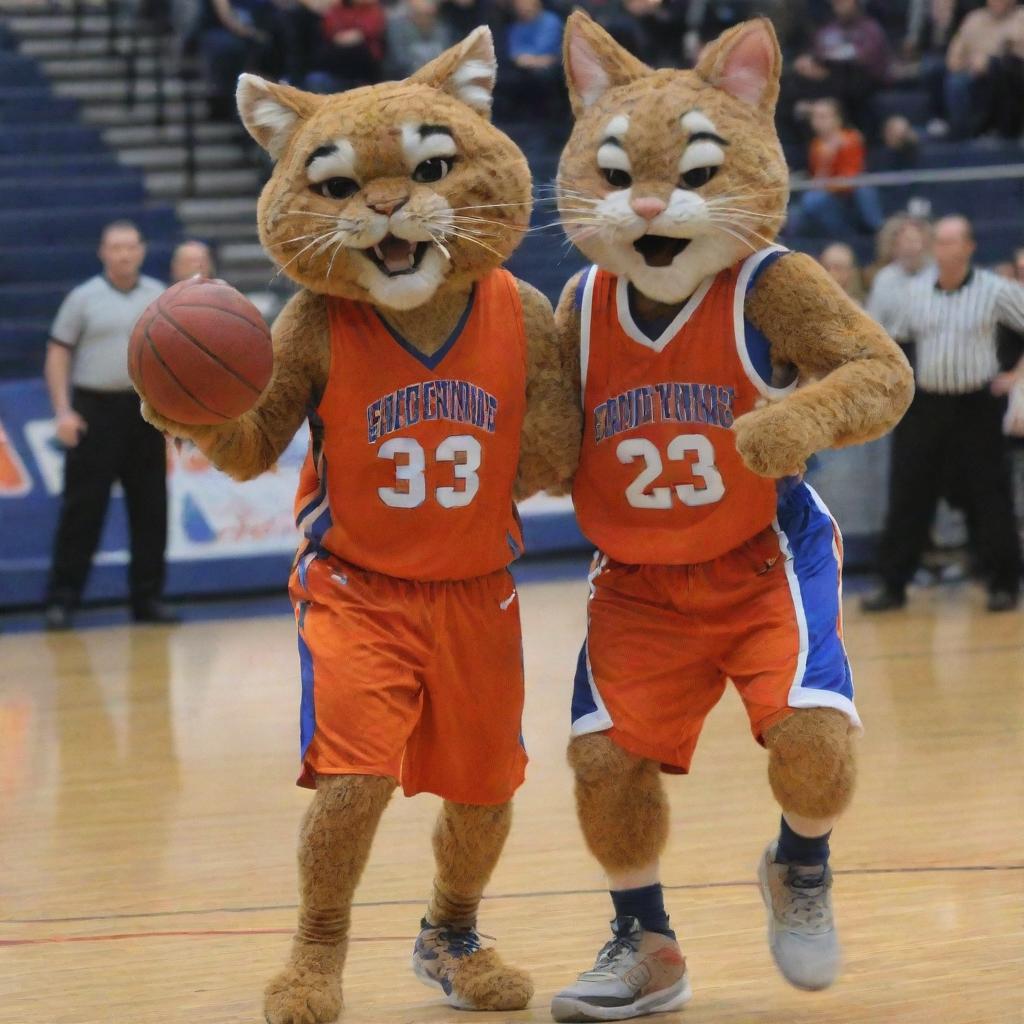 The Brandywine Bobcat mascot and the Edwardsburg Eddie mascot engaged in an intense game of basketball