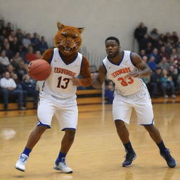 The Brandywine Bobcat mascot and the Edwardsburg Eddie mascot engaged in an intense game of basketball