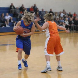 The Brandywine Bobcat mascot and the Edwardsburg Eddie mascot engaged in an intense game of basketball