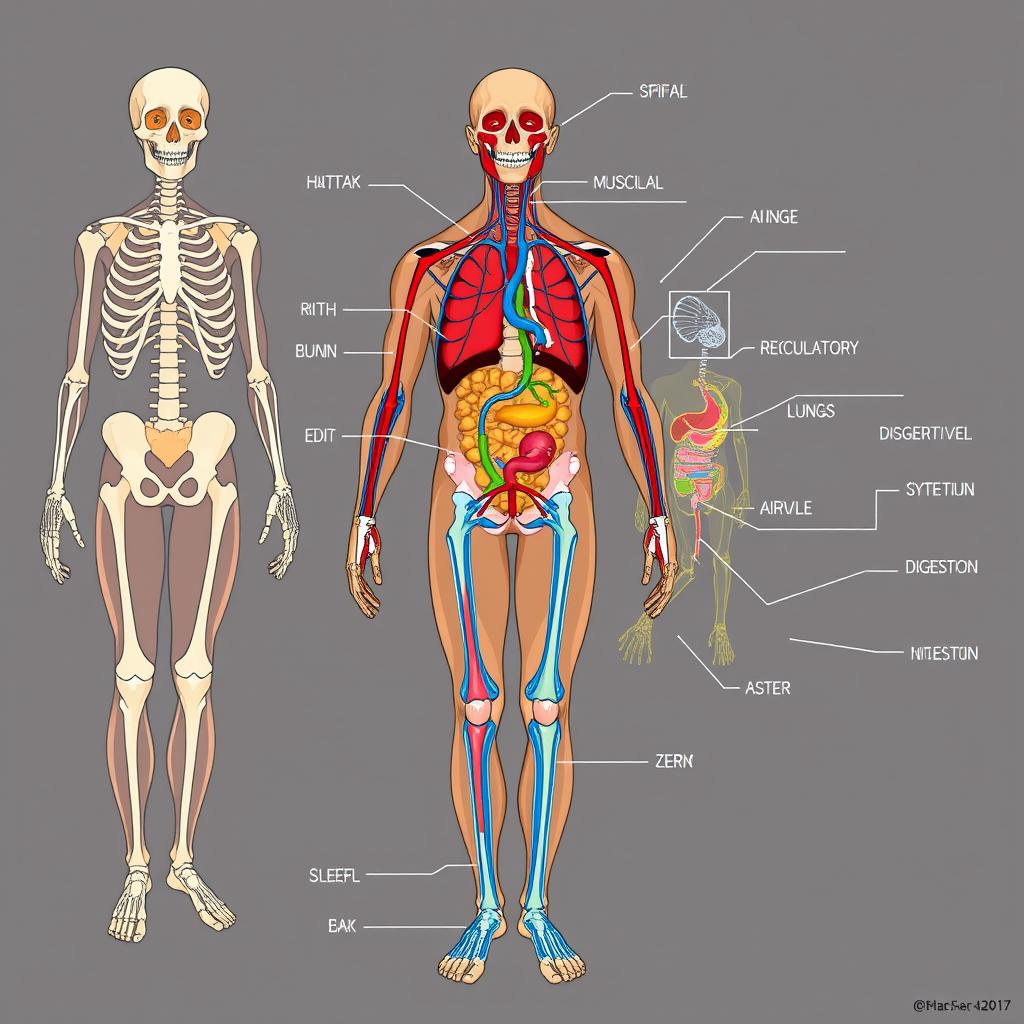 A detailed educational illustration of the human body's anatomy and its systems