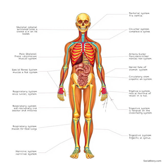 A detailed educational illustration of the human body's anatomy and its systems