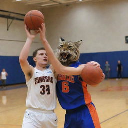 The Brandywine Bobcat mascot and the Edwardsburg Eddie mascot engaged in an intense game of basketball