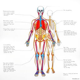 A detailed educational illustration of the human body's anatomy and its systems