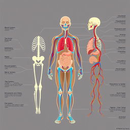 A detailed educational illustration of the human body's anatomy and its systems