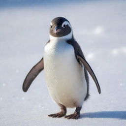 A cute, small penguin with glossy feathers and bright, playful eyes, waddling on a background of shimmering snow.