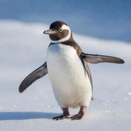 A cute, small penguin with glossy feathers and bright, playful eyes, waddling on a background of shimmering snow.