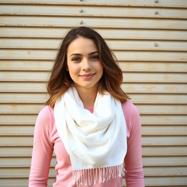 a confident young woman standing in front of a corrugated metal wall, wearing a pink top and white scarf, with a relaxed and open posture, natural lighting, texture emphasis