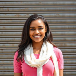 a confident young woman standing in front of a corrugated metal wall, wearing a pink top and white scarf, with a relaxed and open posture, natural lighting, texture emphasis