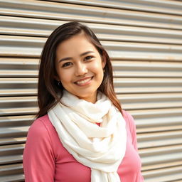 a confident young woman standing in front of a corrugated metal wall, wearing a pink top and white scarf, with a relaxed and open posture, natural lighting, texture emphasis