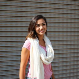 a confident young woman standing in front of a corrugated metal wall, wearing a pink top and white scarf, with a relaxed and open posture, natural lighting, texture emphasis