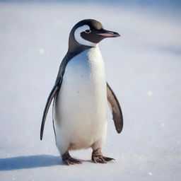 A cute, small penguin with glossy feathers and bright, playful eyes, waddling on a background of shimmering snow.