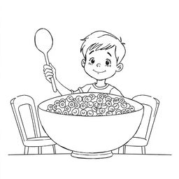 Black and white coloring book illustration featuring a child sitting at a giant breakfast table