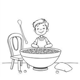 Black and white coloring book illustration featuring a child sitting at a giant breakfast table