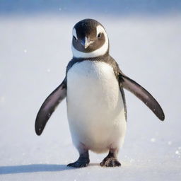 A cute, small penguin with glossy feathers and bright, playful eyes, waddling on a background of shimmering snow.