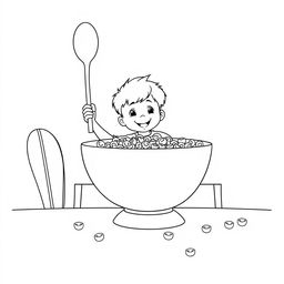 Black and white coloring book illustration featuring a child sitting at a giant breakfast table