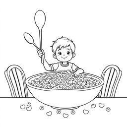 Black and white coloring book illustration featuring a child sitting at a giant breakfast table