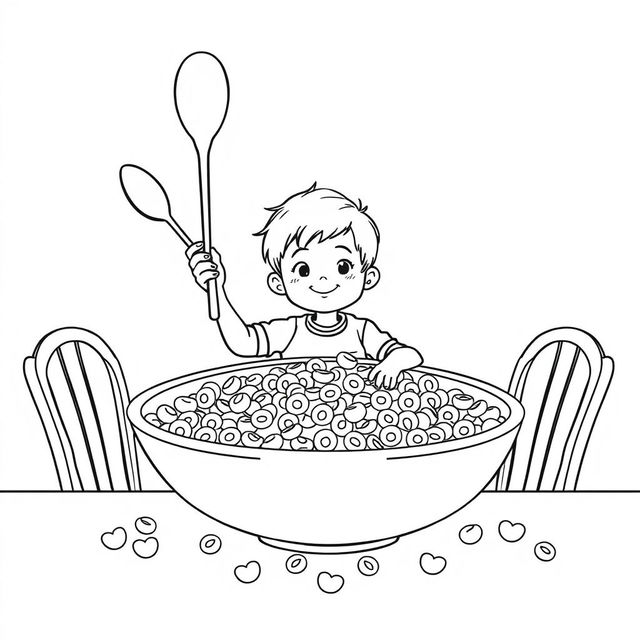 Black and white coloring book illustration featuring a child sitting at a giant breakfast table