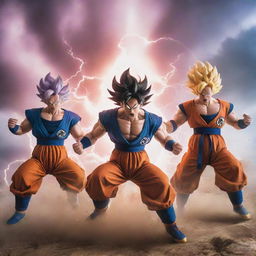 Dragon Ball Z characters launching into an epic battle scene, featuring Goku, Vegeta, and Frieza, filled with vibrant energy blasts and dynamic action lines under a threatening, stormy sky.