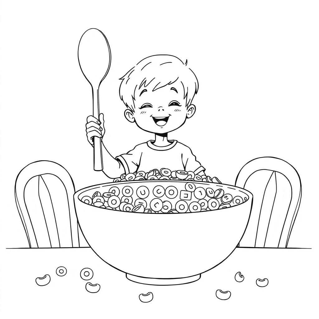 Black and white coloring book illustration featuring a child sitting at a giant breakfast table