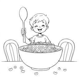 Black and white coloring book illustration featuring a child sitting at a giant breakfast table