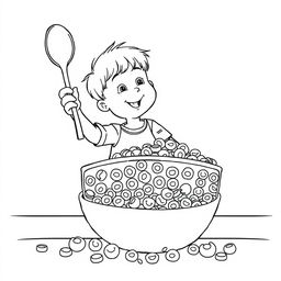 Black and white coloring book illustration featuring a child sitting at a giant breakfast table