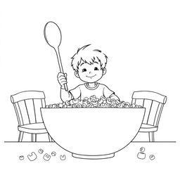 Black and white coloring book illustration featuring a child sitting at a giant breakfast table