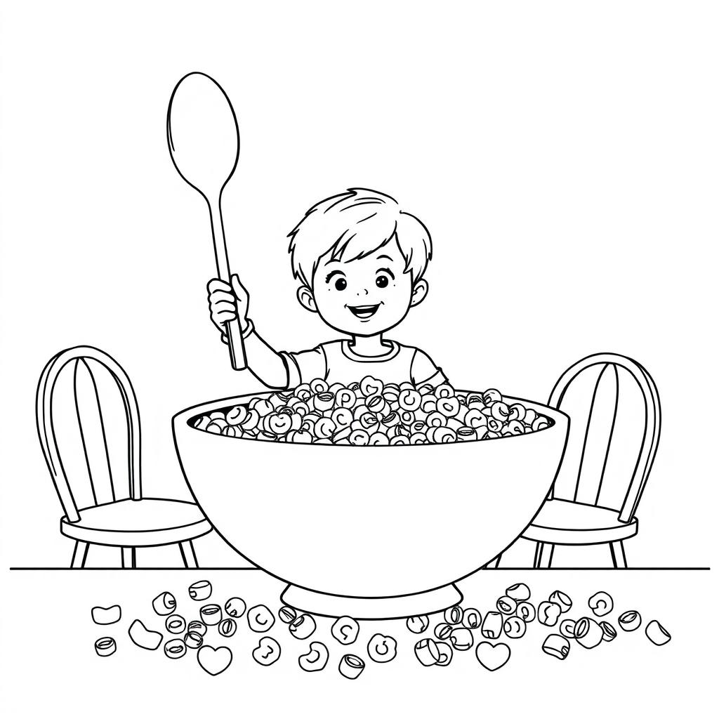 Black and white coloring book illustration featuring a child sitting at a giant breakfast table