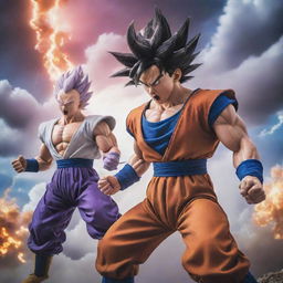 Dragon Ball Z characters launching into an epic battle scene, featuring Goku, Vegeta, and Frieza, filled with vibrant energy blasts and dynamic action lines under a threatening, stormy sky.