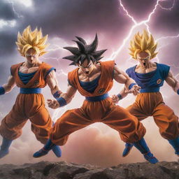 Dragon Ball Z characters launching into an epic battle scene, featuring Goku, Vegeta, and Frieza, filled with vibrant energy blasts and dynamic action lines under a threatening, stormy sky.