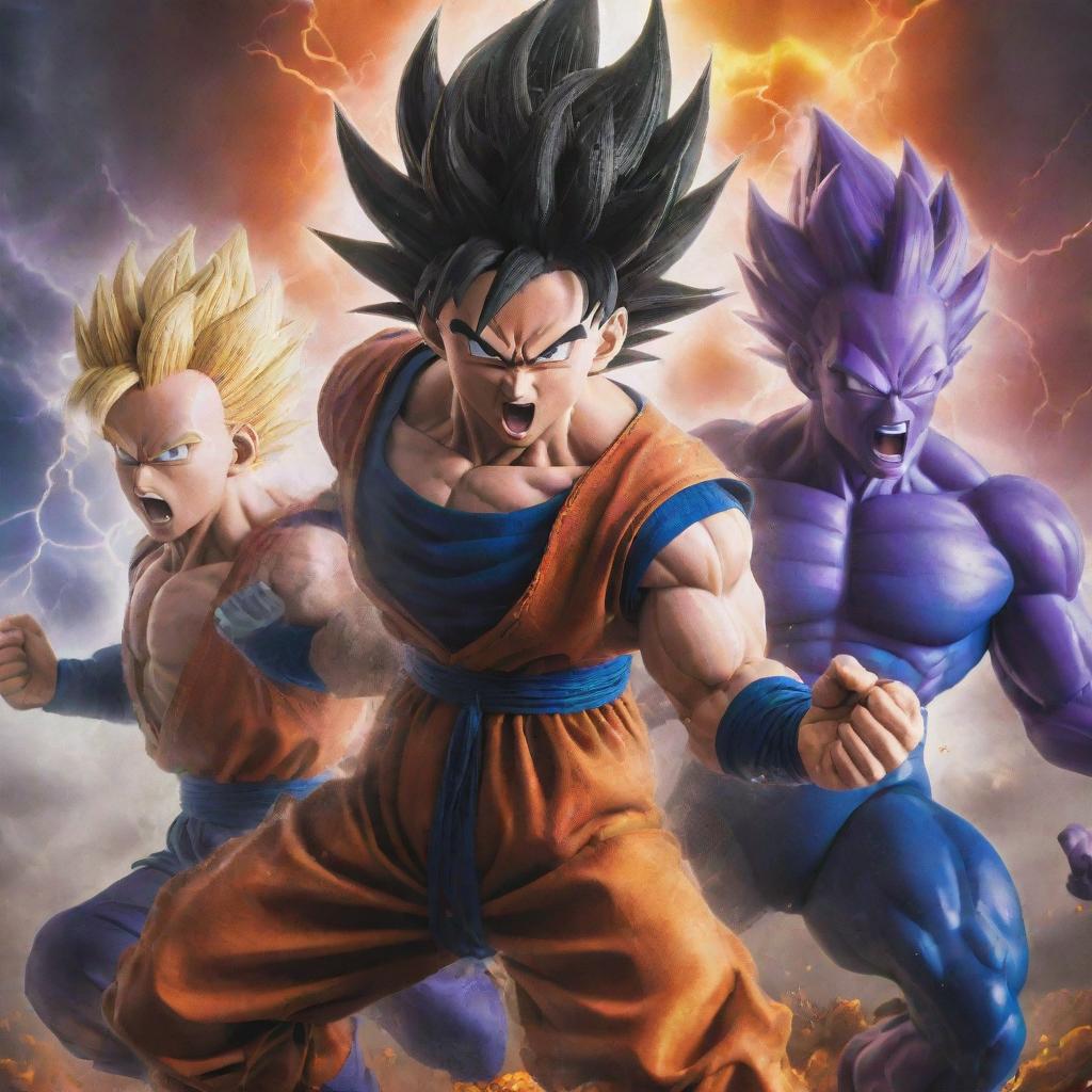 Dragon Ball Z characters launching into an epic battle scene, featuring Goku, Vegeta, and Frieza, filled with vibrant energy blasts and dynamic action lines under a threatening, stormy sky.