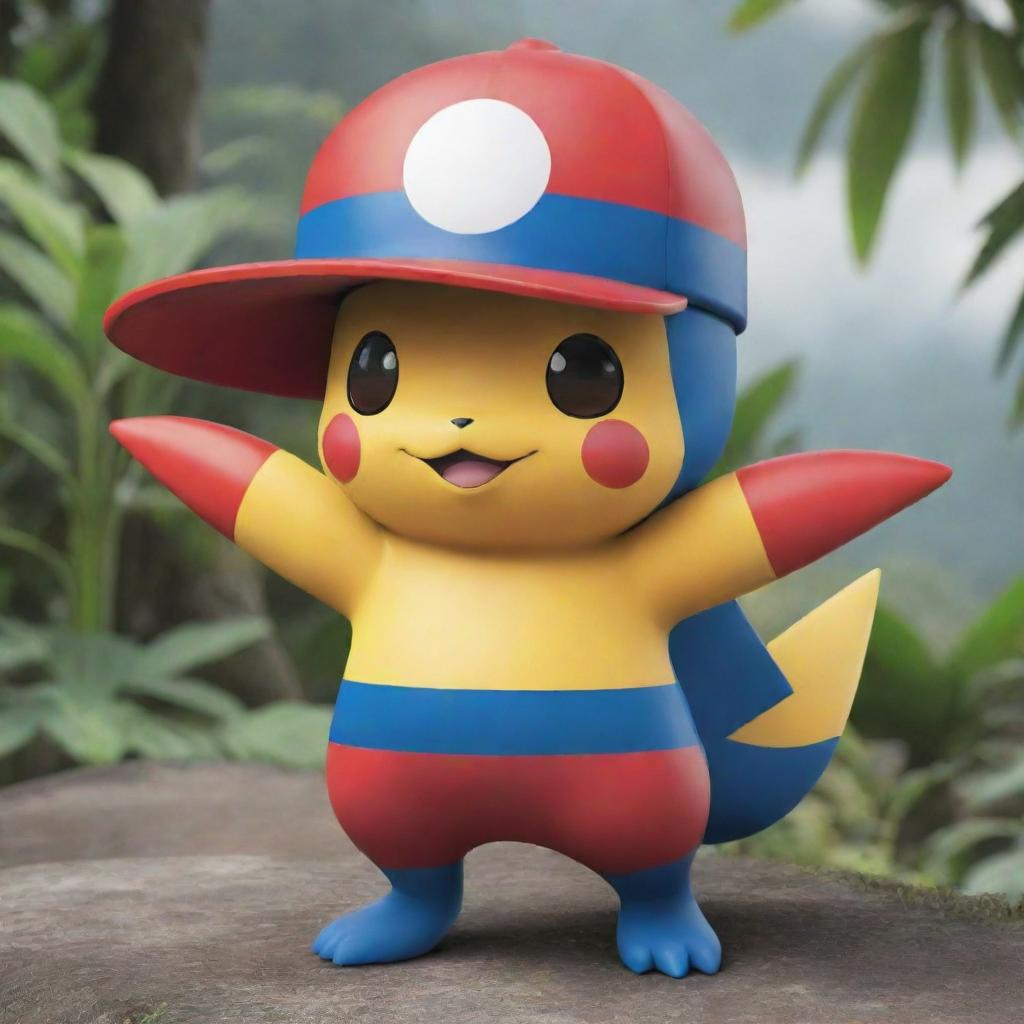 A Pokémon character with Venezuelan-inspired features, colors resembling the Venezuelan flag blue, yellow and red, possibly incorporating elements inspired by its tropical landscapes and diverse culture.