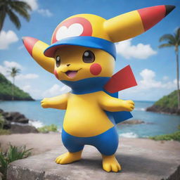 A Pokémon character with Venezuelan-inspired features, colors resembling the Venezuelan flag blue, yellow and red, possibly incorporating elements inspired by its tropical landscapes and diverse culture.