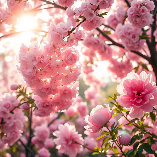 A soft pastel-themed image featuring the delicate beauty of a pink flower garden, with clusters of blooming cherry blossoms, elegant roses, and vibrant peonies cascading in harmonious shades of pink