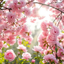 A soft pastel-themed image featuring the delicate beauty of a pink flower garden, with clusters of blooming cherry blossoms, elegant roses, and vibrant peonies cascading in harmonious shades of pink