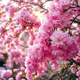 A soft pastel-themed image featuring the delicate beauty of a pink flower garden, with clusters of blooming cherry blossoms, elegant roses, and vibrant peonies cascading in harmonious shades of pink