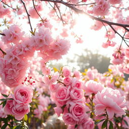 A soft pastel-themed image featuring the delicate beauty of a pink flower garden, with clusters of blooming cherry blossoms, elegant roses, and vibrant peonies cascading in harmonious shades of pink